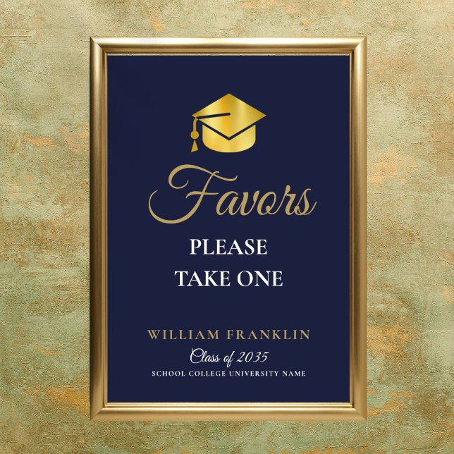 Presentkort för examensfest i marinblått och guld poster (Navy Blue And Gold Graduation Party Favors Sign)