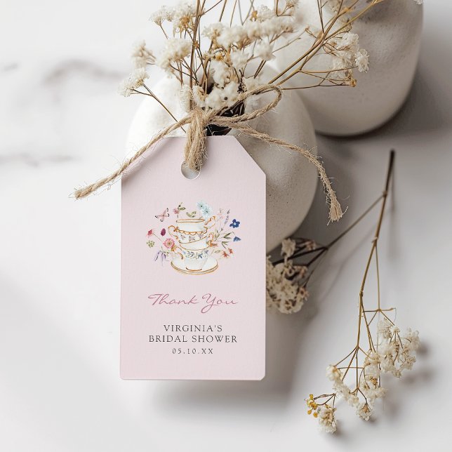 Presentkort för Rosa Tea Party Presentetikett (Pink Floral Tea Party Gift Tag by Painted Paperie
)