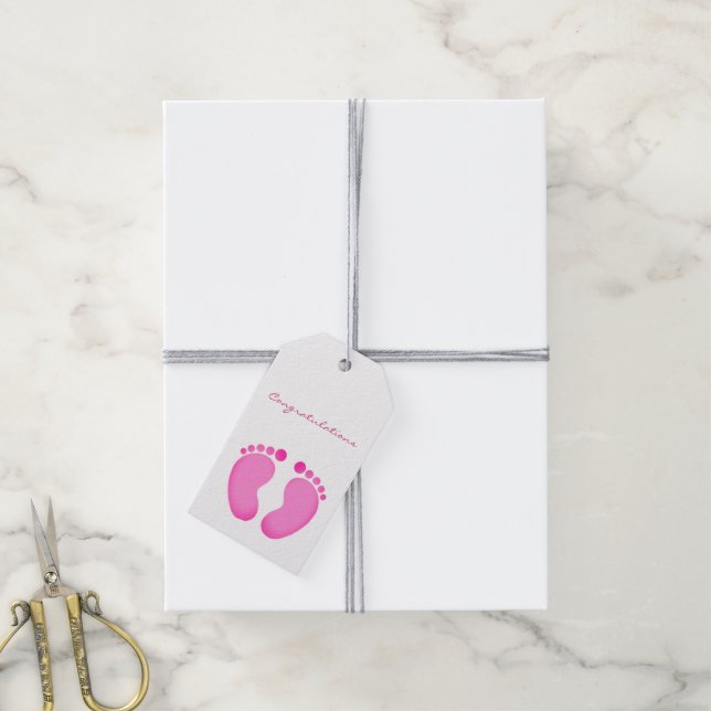 Presentkort - Grattis Rosa Fotspår Presentetikett (Med Snöre)