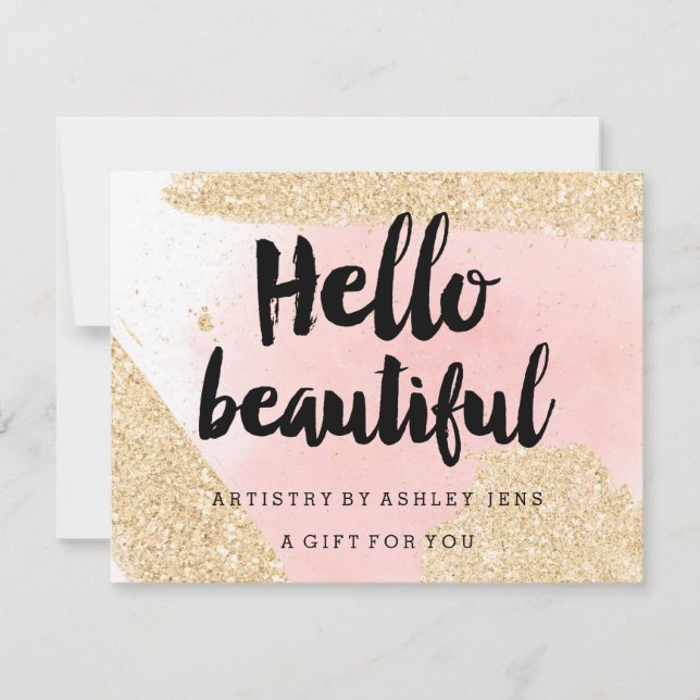 Presentkort guld glitter rosa hello script (Framsida)
