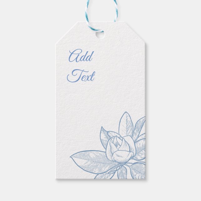 Presentkort med blå magnolia och redigerbar text presentetikett (Framsidan)