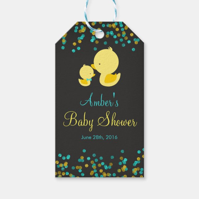Presentkort till baby shower med gummiand på svart presentetikett (Framsidan)