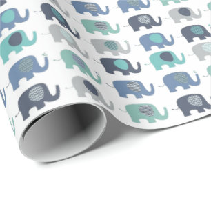 Presentpapper - Blå, Gröna & Grå Elefanter