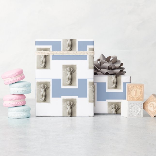 Presentpapper Blå & Vit Rand Babyängel  (Baby Shower)