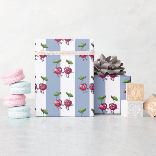 Presentpapper Blå & Vit Rand Körsbär (Baby Shower)