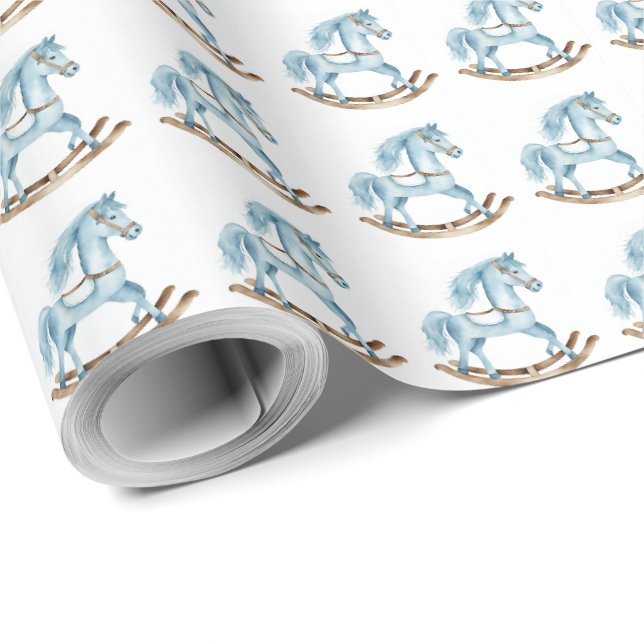 Presentpapper för pojke med gunghäst i blå färg  (Rullad Hörn)
