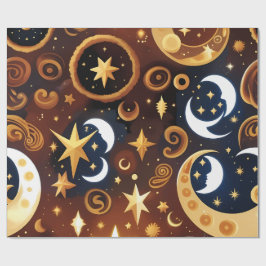 Presentpapper - Gylden Ocker Celestia Månmönster