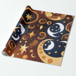 Presentpapper - Gylden Ocker Celestia Månmönster