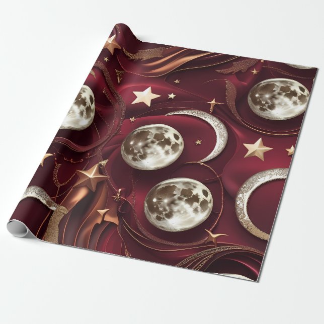 Presentpapper – Lyx Garnetsröd Celestial Moon (Utrullad)