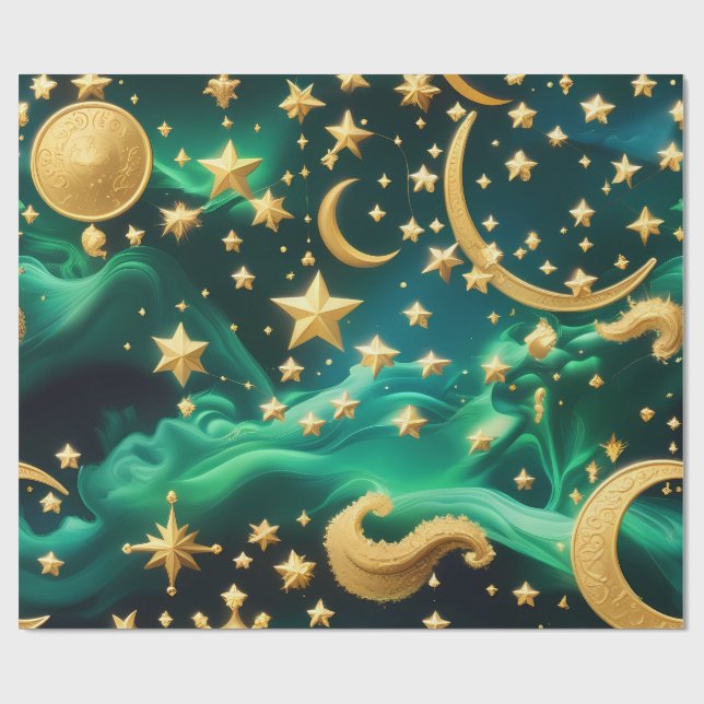 Presentpapper – Lyxig Smaragd Celestial Moon (Platt)