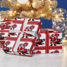 Presentpapper med vintage jul tomte och vedspis br