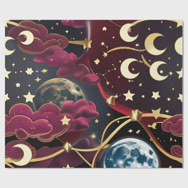Presentpapper - Röd Celestial Moon Design (Platt)