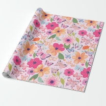 Presentpapper, rosa blommor och fjärilar