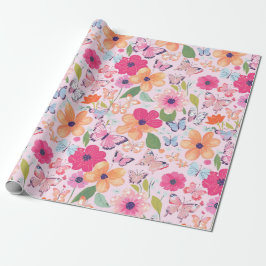 Presentpapper, rosa blommor och fjärilar presentpapper