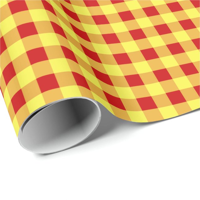 Presentpapper, rött och gult rutigt tyg presentpapper (Rullad Hörn)