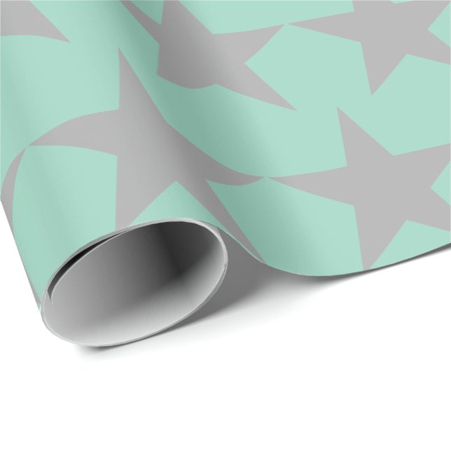 Presentpapper - Teal Bakgrund Grå Stjärna (Rullad Hörn)