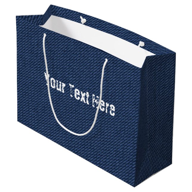 Presentpåse i falskt blå denim med personlig text (Baksidan Vinklad)