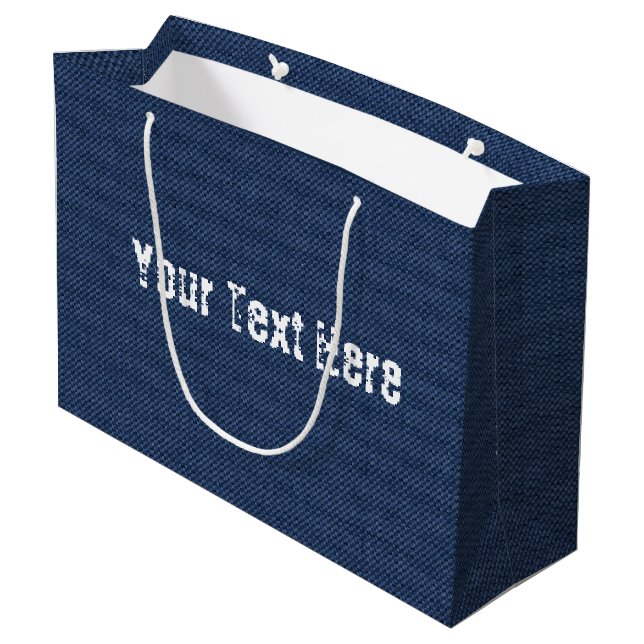 Presentpåse i falskt blå denimtyg med personlig te (Baksidan Vinklad)