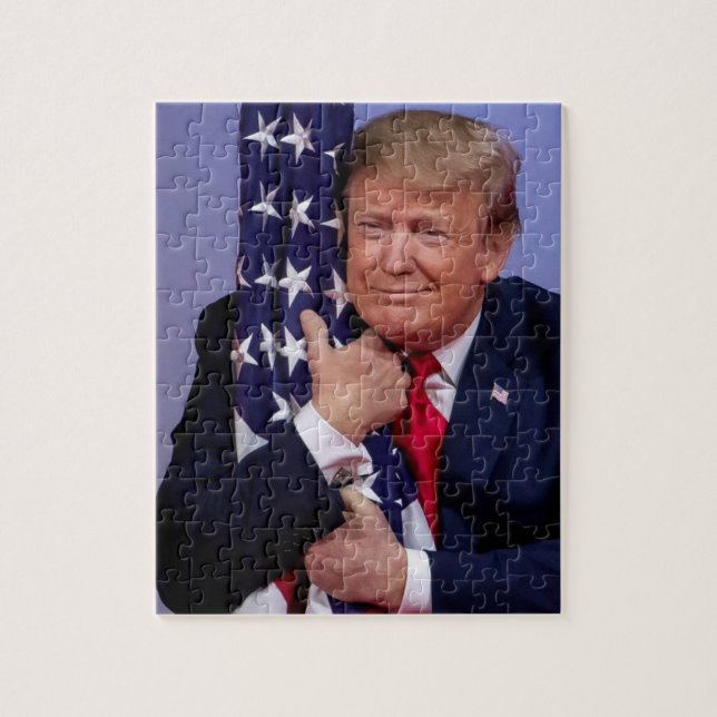 President Trump Hugger den amerikanska Flagga Pussel (Vertikal)