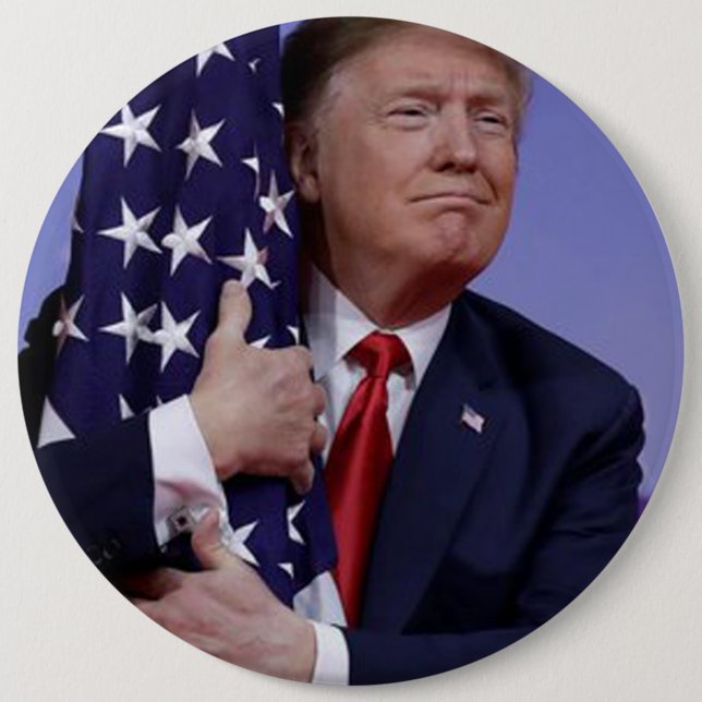 President Trump krämar den amerikanska Flagga Knapp (Framsida)