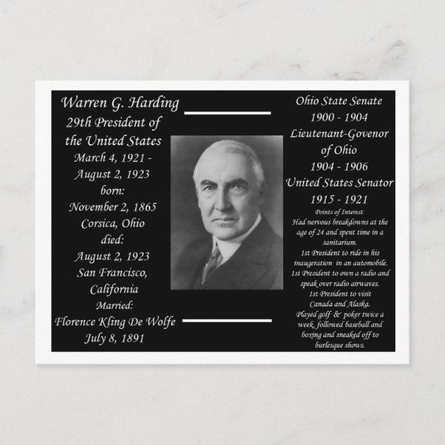 President Warren G Harding Vykort (Framsida)