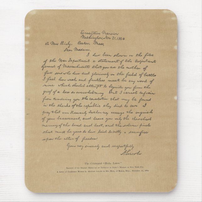 PresidentAbraham Lincoln brev till Fru Bixby Musmatta (Framsidan)