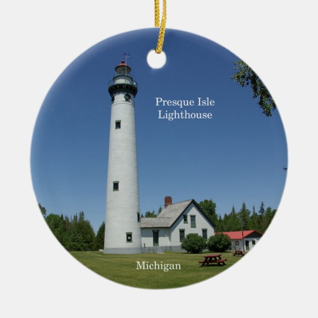 Presque Isle Lighthouse-prydnadsföremål Julgransprydnad Keramik (Framsidan)