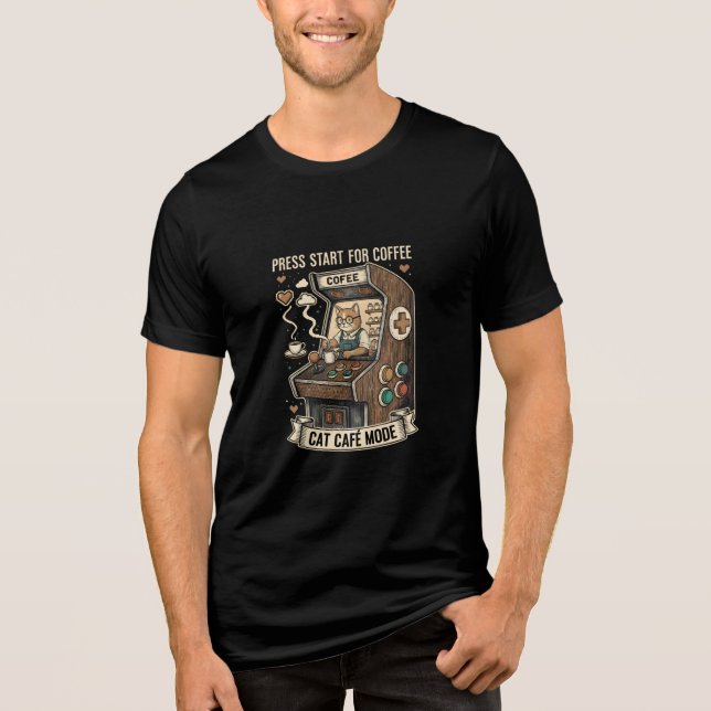 Press Start For Coffee Cat Cafe Mode Retro Arcade  T Shirt (Framsida)