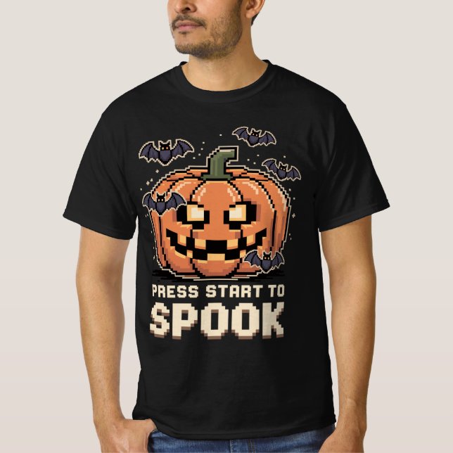 Press Start to Spook - Pixel Kürbis Halloween T Shirt (Framsida)