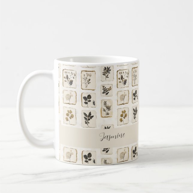 Pressad Blomster Collage Namn Botanisk Farmhouse Kaffemugg (Vänster)