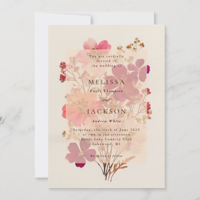 Pressad röd rosa och kräm, blommande bröllopsinbju inbjudningar (Framsida)