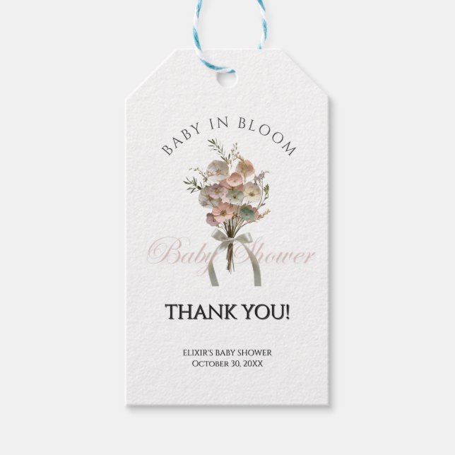 Pressad Vildblomma Baby i Blomning Boho Barnkalas Presentetikett (Framsidan)