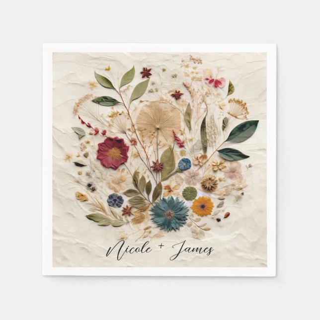 Pressade trädgårdsblommor Bohemian Bröllop Pappersservett (Framsidan)