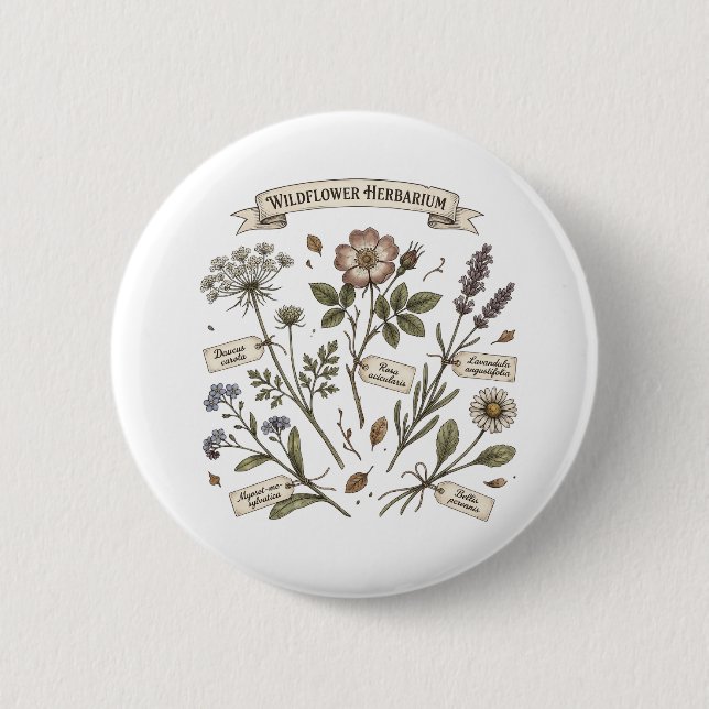 Pressade vilda blommor Herbarium Vintage Botanisk  Knapp (Framsida)