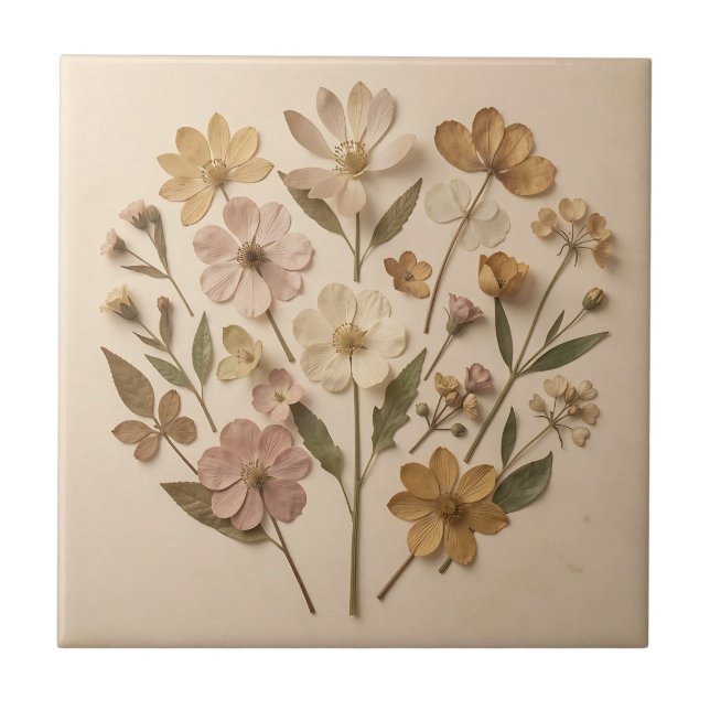 Pressade vildblommor Botanisk bukett Vintage Kakelplatta (Framsidan)