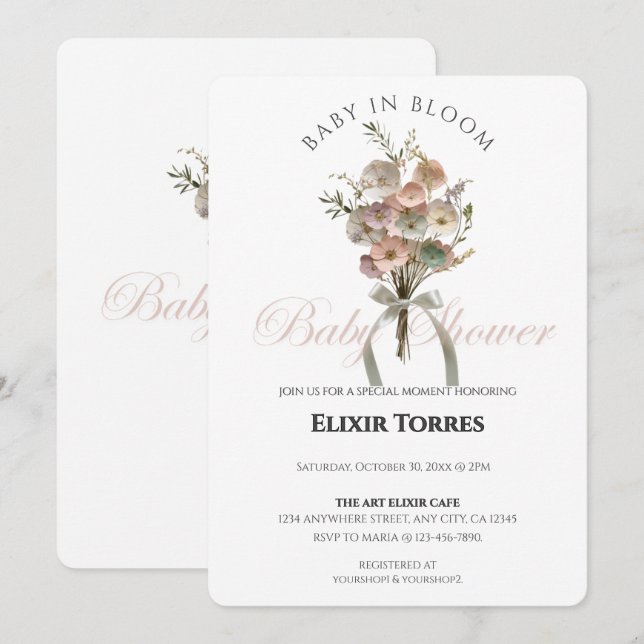 Pressade Wildblommor Baby i Bloom Boho Baby Shower Inbjudningar (Fram/baksida)
