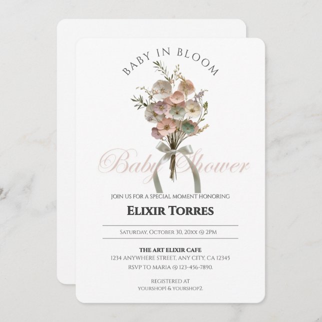 Pressade Wildblommor Baby i Bloom Boho Baby Shower Inbjudningar (Fram/baksida)