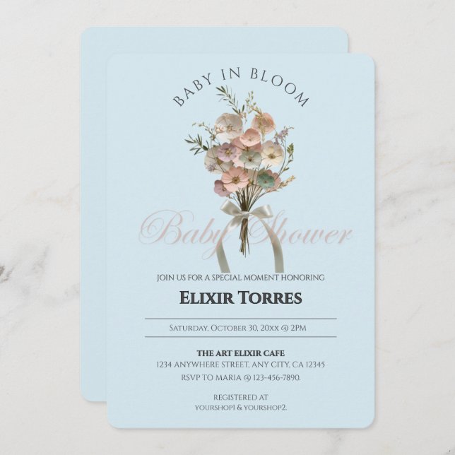 Pressade Wildblommor Baby i Bloom Boho Baby Shower Inbjudningar (Fram/baksida)