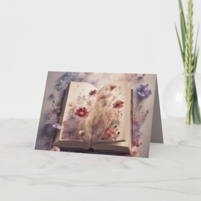 Pressed flowers growing from a book Birthday Kort (Framsida)