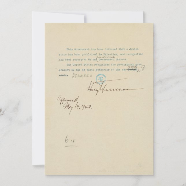 Pressmeddelande: USA:s erkännande av Israel Meddelande (Framsida)