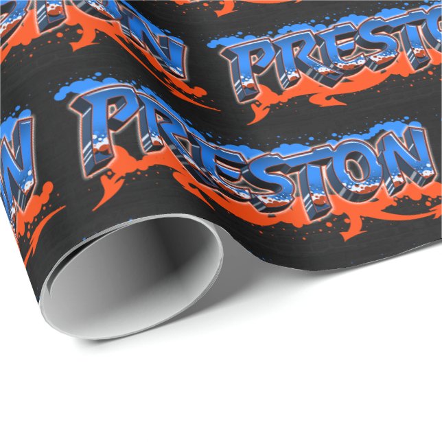 Preston Vorname Name Graffiti blue orange Presentpapper (Rullad Hörn)