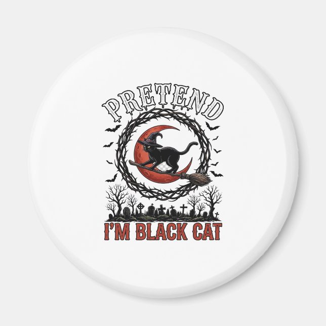 Pretend Svart Katt Halloween Häxa Hatt Röd Måne_1 Magnet (Framsidan)
