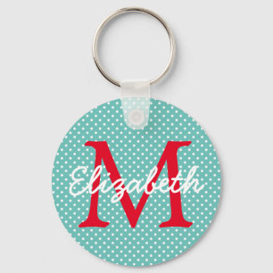 Pretentiös teal och röd prickig monogram nyckelring