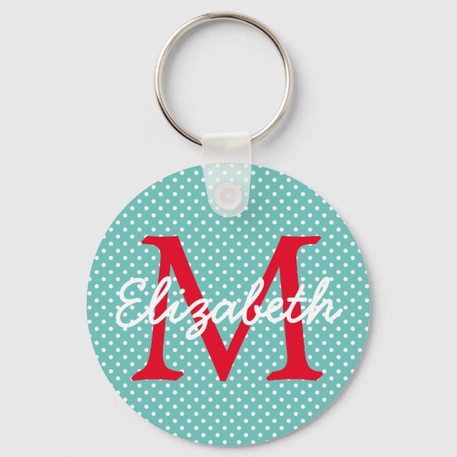Pretentiös teal och röd prickig monogram nyckelring (Framsida)