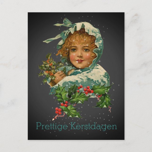 Prettige Kerstdagen Vintage Holly Girl Black Vykort (Framsida)