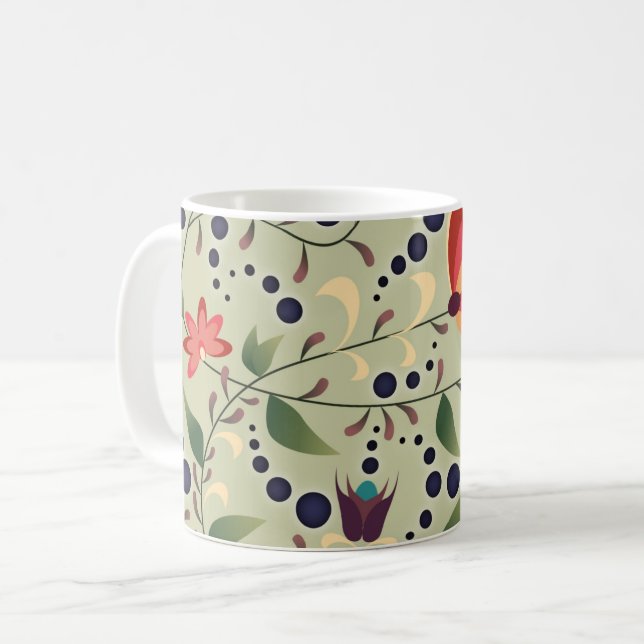 Pretty Abstract Flower Pattern on Sage Green Kaffemugg (Framsida vänster)