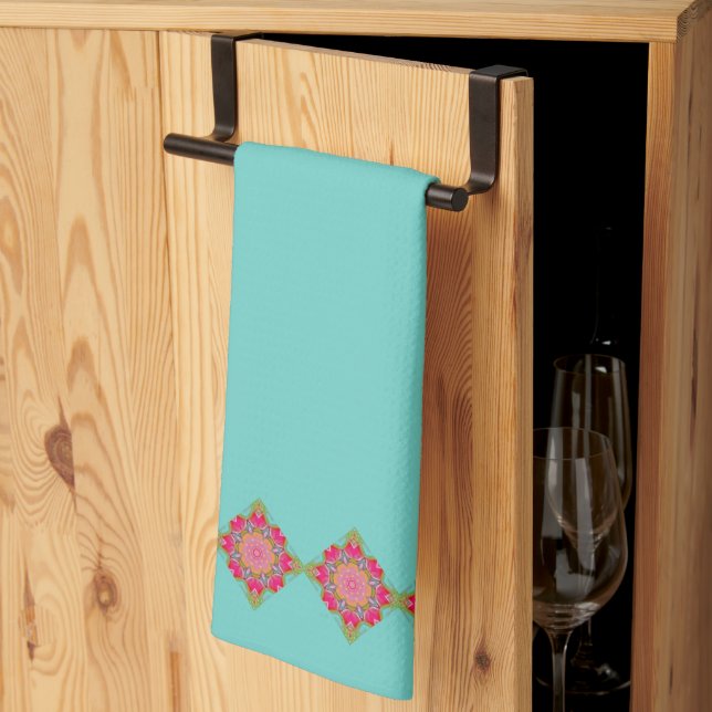 Pretty Aqua Pink and Green Floral Kökshandduk (Thirds Fold)