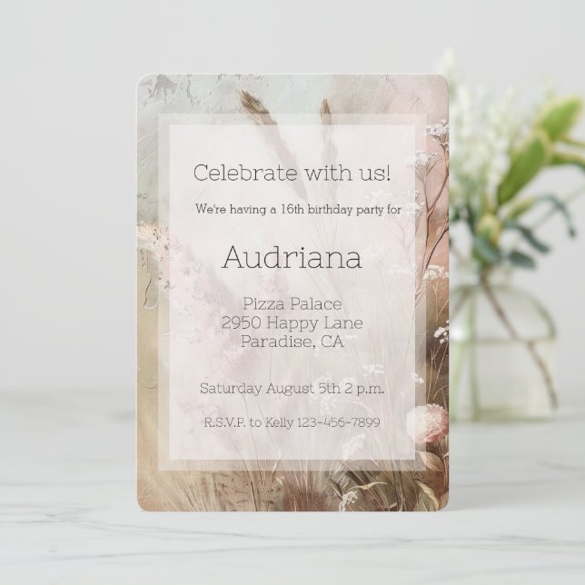 Pretty Beige Blush Boho Floral 16th Birthday Inbjudningar (Stående Fram)