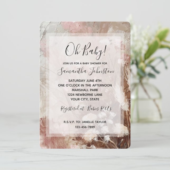 Pretty Beige Blush Pink Boho Floral Baby Shower Inbjudningar (Stående Fram)