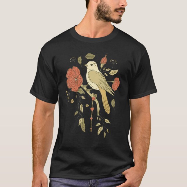 Pretty Bird with Flowers T Shirt (Framsida)